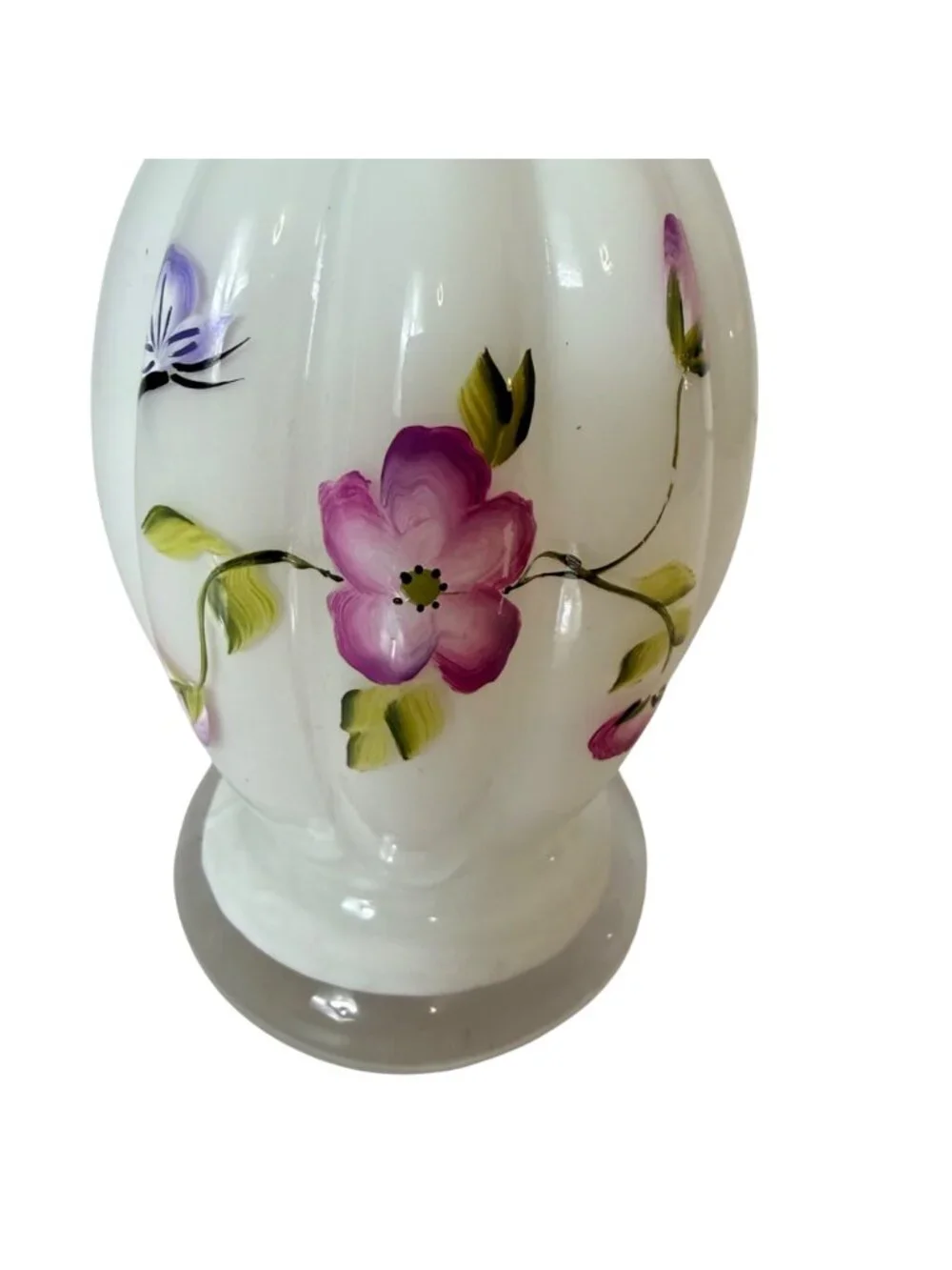 Romantic White Glass Bud Vase Hand Painted VTG Purple Floral Ruffle Rim 8.5” - Picture 13 of 16